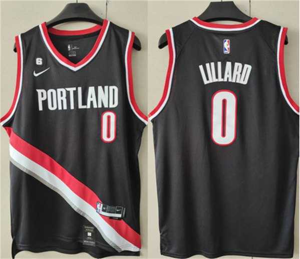 Mens Portland Trail Blazers #0 Damian Lillard Black With No.6 Patch Stitched Basketball Jersey->portland trailblazers->NBA Jersey